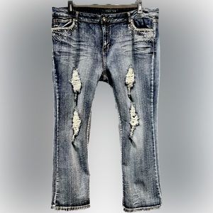 Cest Toi Distressed Bootcut Stretch Bling Jeans